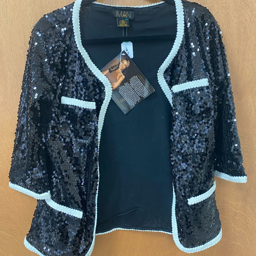 IMAN Black Sequin Jacket with White Trim